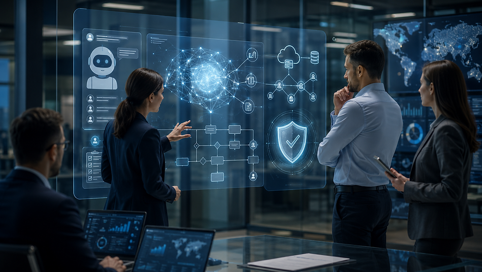 MSP professionals reviewing AI workflows, automation, cybersecurity, and business risk in a modern technology operations center.