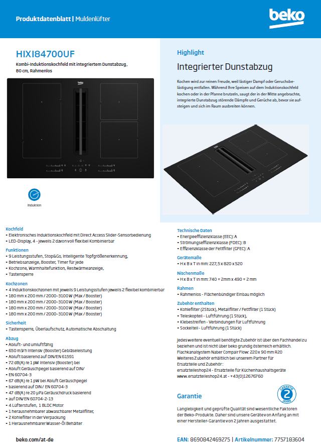 Miniaturbild: Beko HIXI 84700 U Induktionskochfeld mit integriertem Dunstabzug - 80 cm