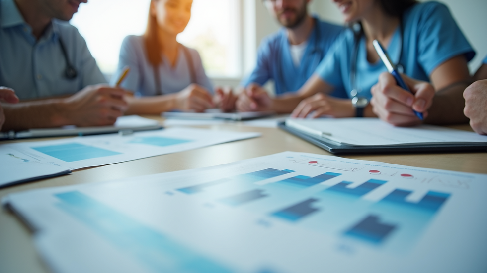 Close-up view of a healthcare team meeting around a table with charts and notes