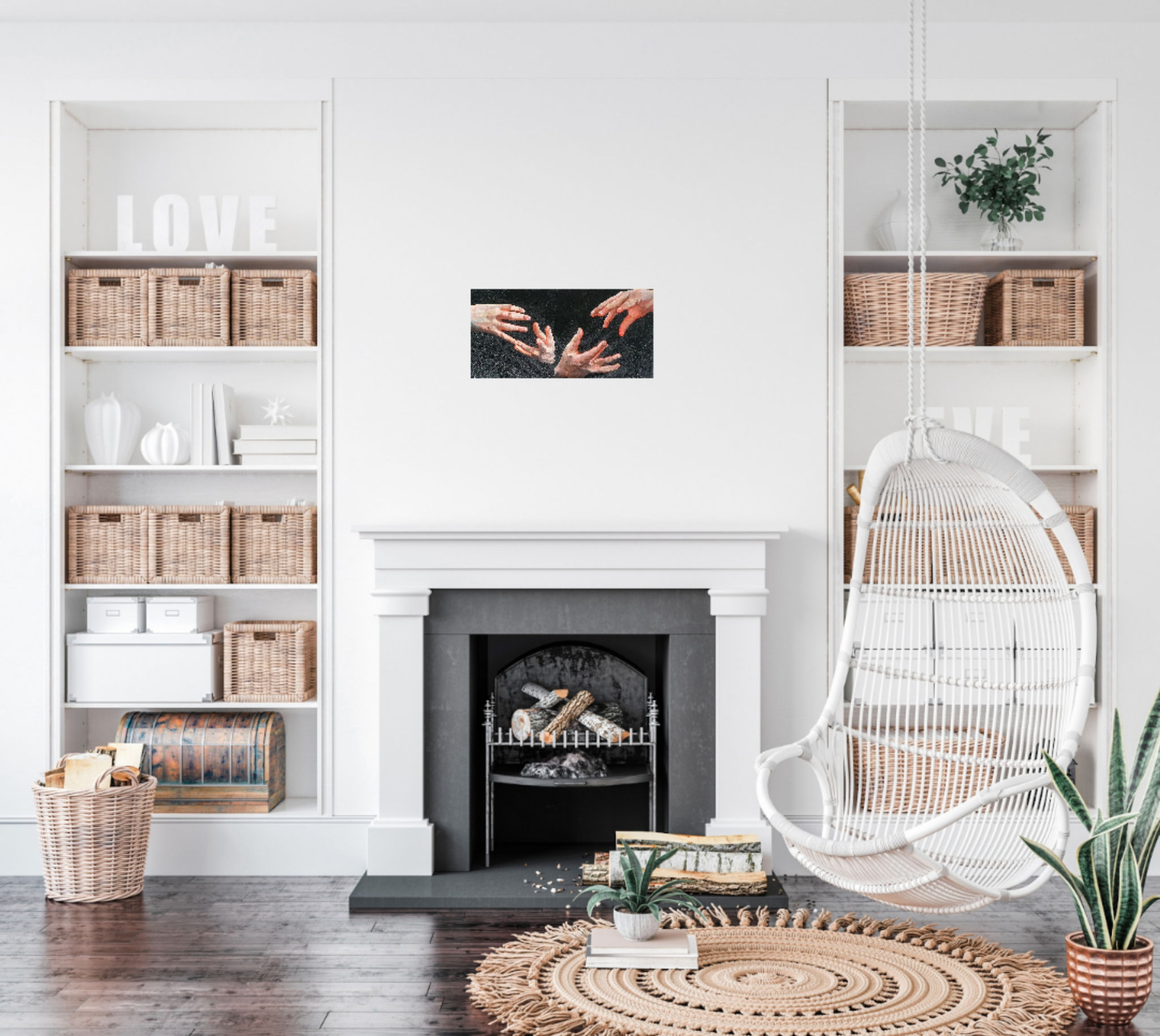 Framed and in situ original painting or two pairs of hands onto a black background with light coming through hands
