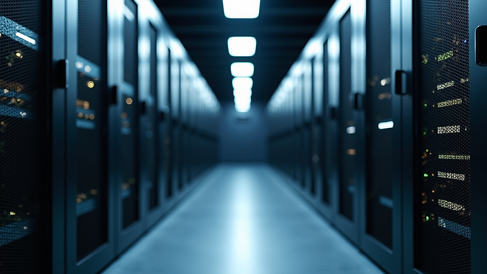 Eye-level view of a server room with racks of network equipment