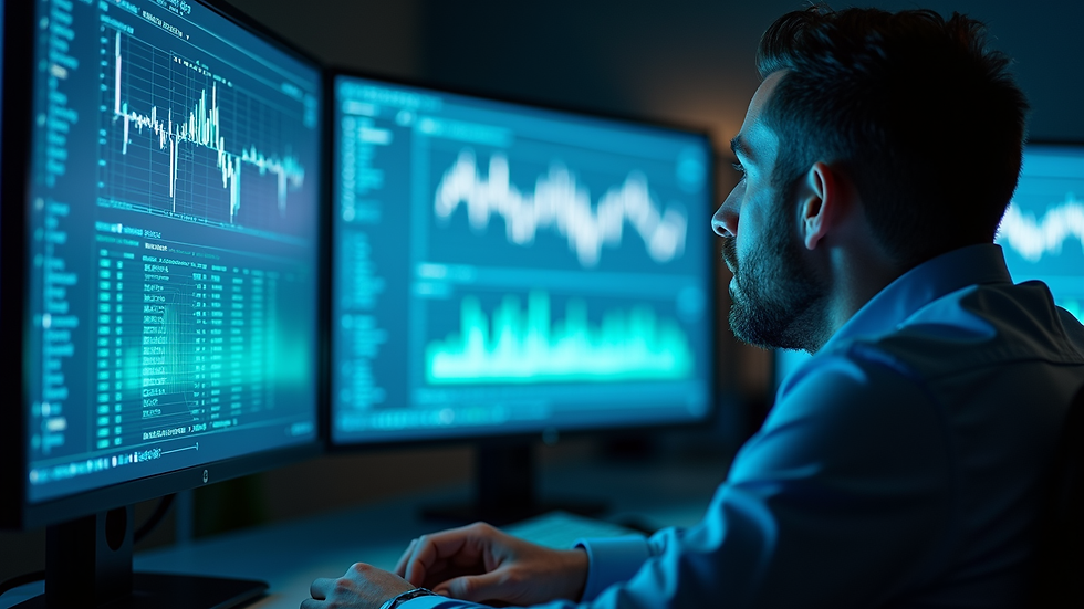 Close-up view of a cybersecurity analyst reviewing network data on multiple screens