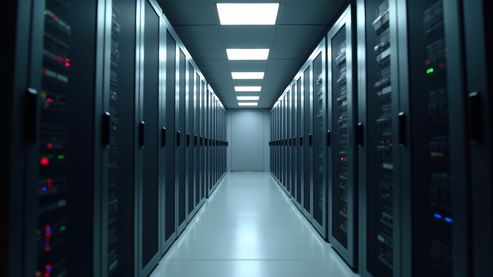 Eye-level view of a server room with racks of network equipment