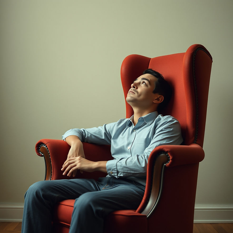 A man sitting on a chair looking upward with a mix of hope and exhaustion, symbolizing the struggle and persistence during the journey of therapy.
