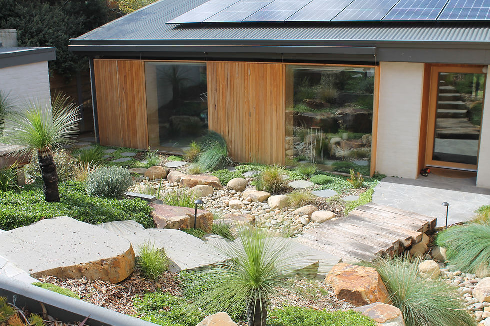A sloping block made accessible by sawn stone stairs leading to a timber boardwalk as you approach the front door - native grasses and flowering plants soften the hardscape elements.
