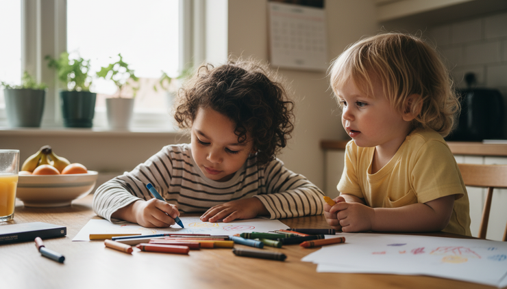 Close-up view of two young siblings sharing crayons at a kitchen table.