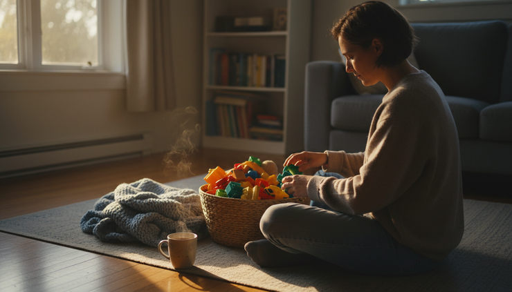 Over-the-shoulder view of a parent sitting on a living room floor beside a basket of toys and a quiet cup of tea
