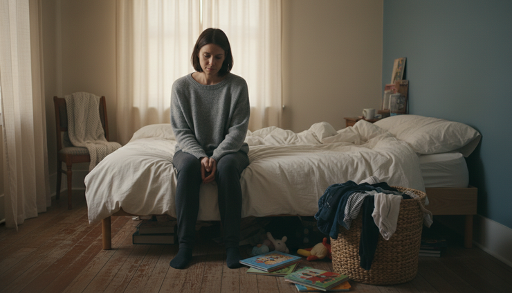 Wide-angle view of a parent sitting quietly on the edge of a bed in a dim bedroom while a laundry basket sits nearby