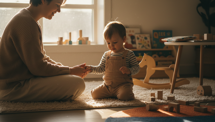 Eye-level view of a parent holding a child's hand near a cozy therapy play area.