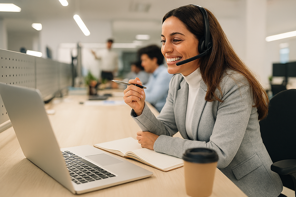 Profesional trabajando en estación de trabajo con computador portátil en entorno corporativo.