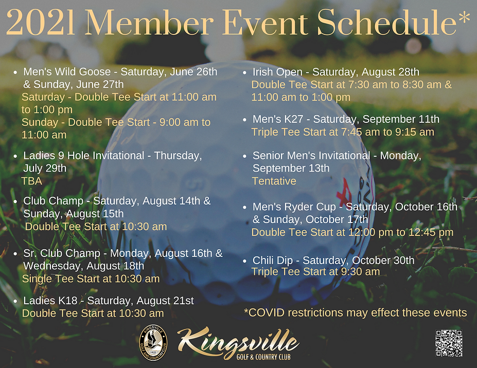 2021 Member Event Schedule at Kingsville Golf
