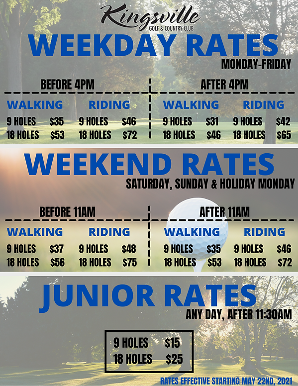 2021 Current Rates at Kingsville Golf