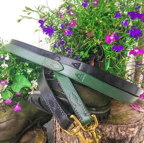 Leather dog leads hand made terrier couplings Cumbria lake district British bespoke colourful traditional 