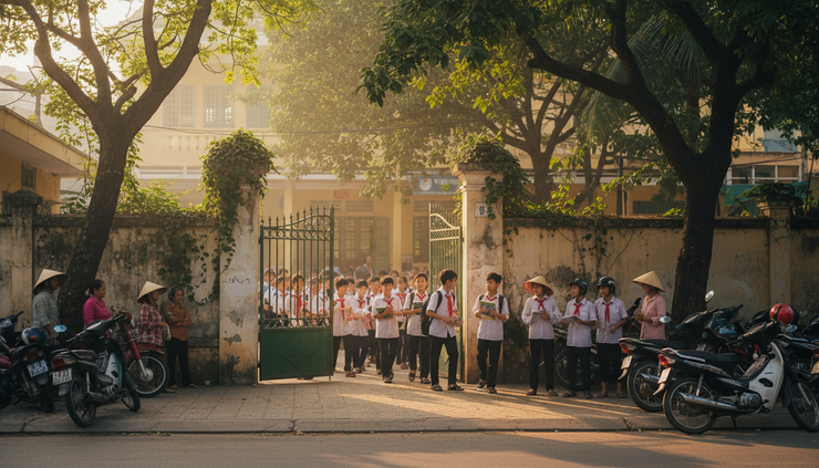 Medium shot view of a school entrance with students leaving in the late afternoon.