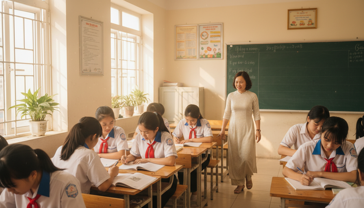 Eye-level view of a bright classroom with students working quietly in small groups.
