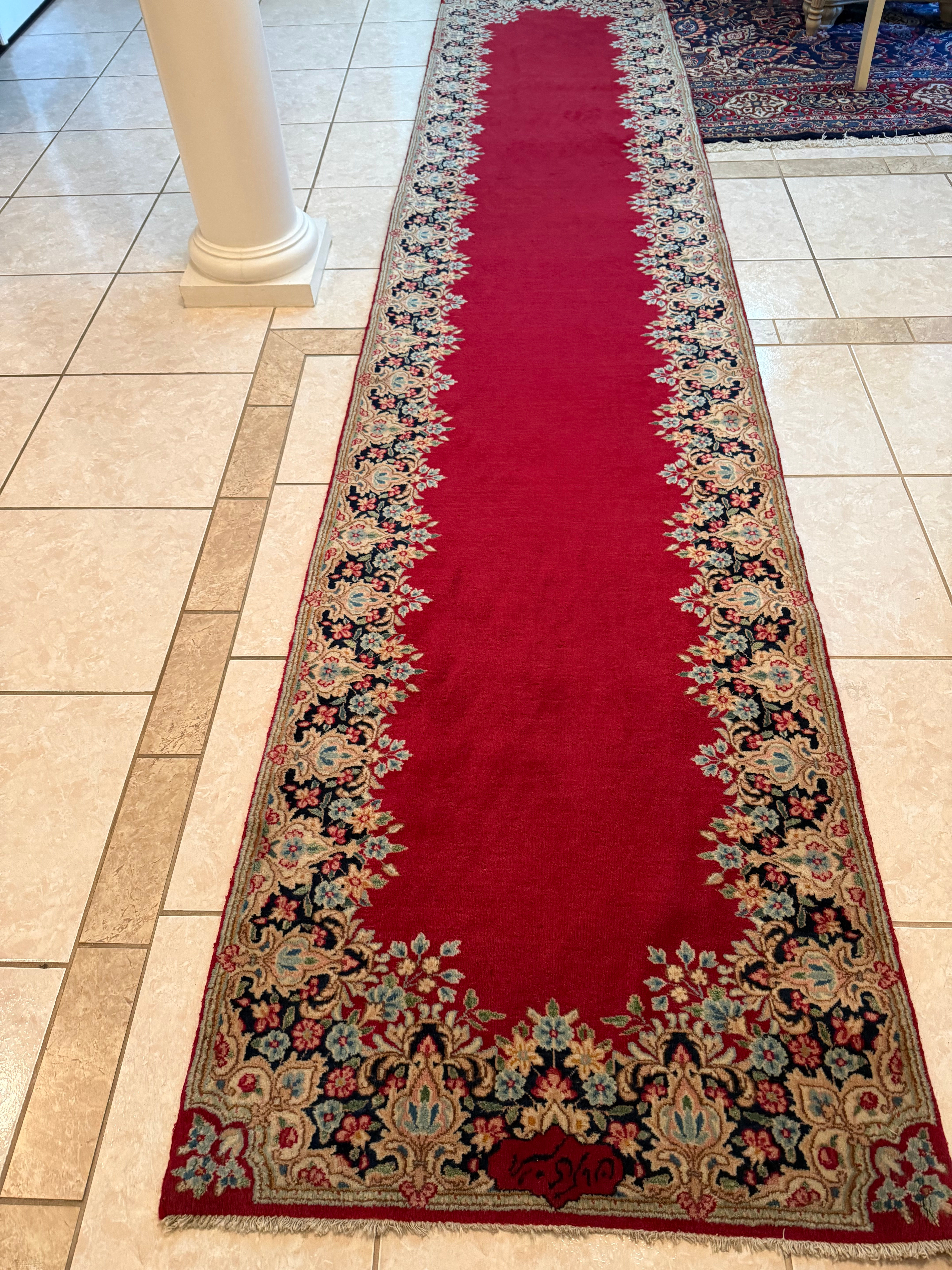 Antique Persian Kerman Runner Rug No. 224 | 13'9" x 3' Hand-Knotted Red Wool Rug