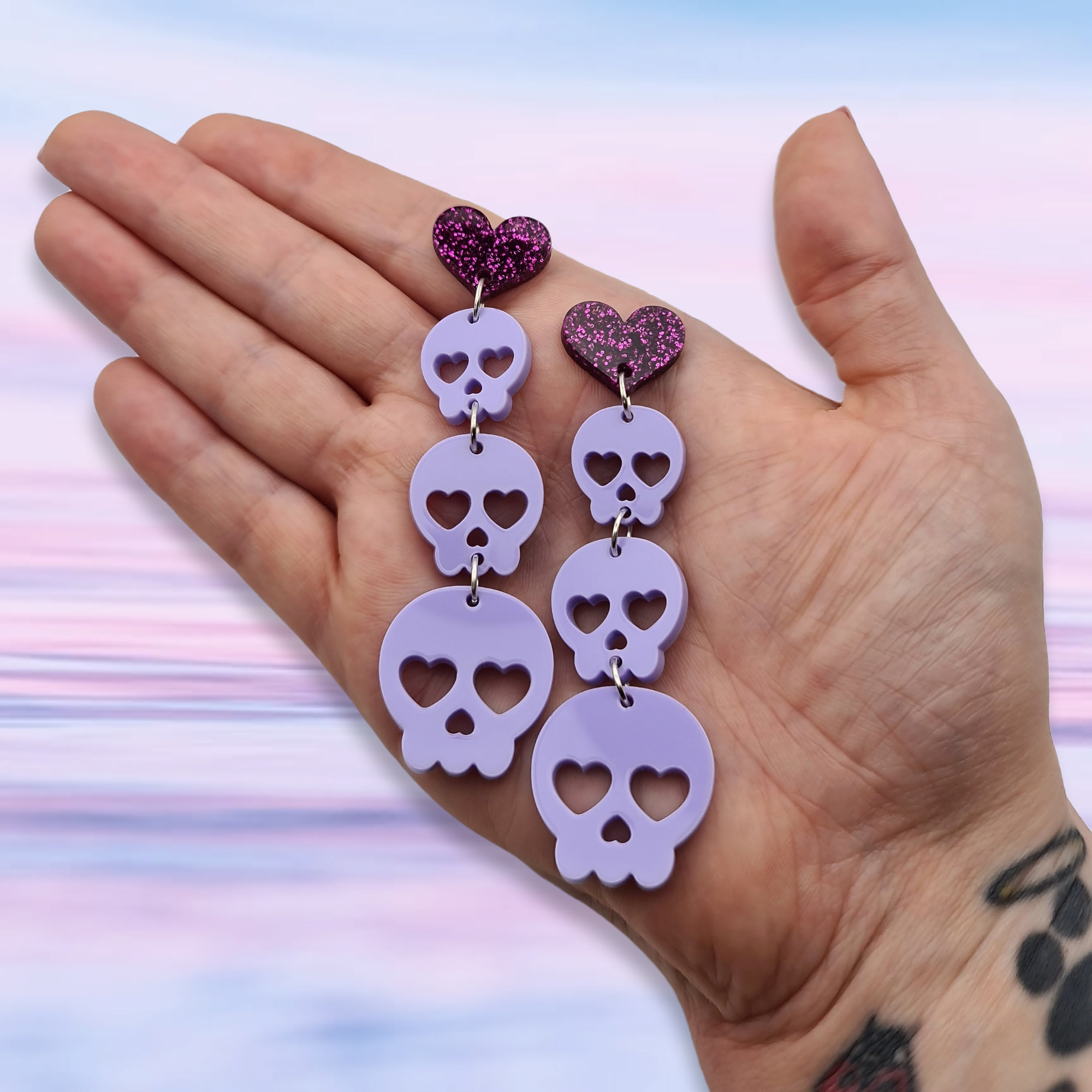Lilac Purple Skully Trio Heart Dangle Earrings