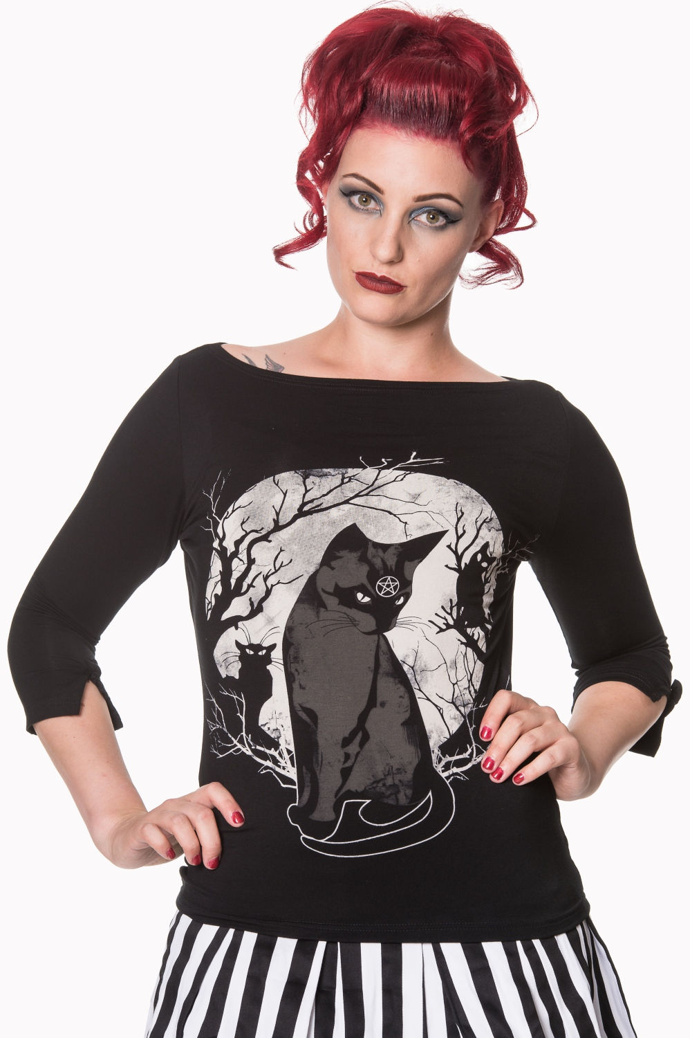 A front view of the 3/4 sleeve Cat Moon Top