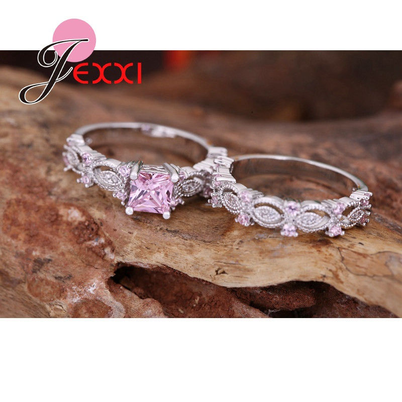 Thumbnail: 925 Sterling Silver Pink Cubic Zirconia Crystal Couple Rings Set
