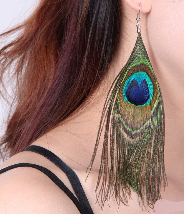 Thumbnail: Wonderful Blue Real Peacock Long Feather Earrings