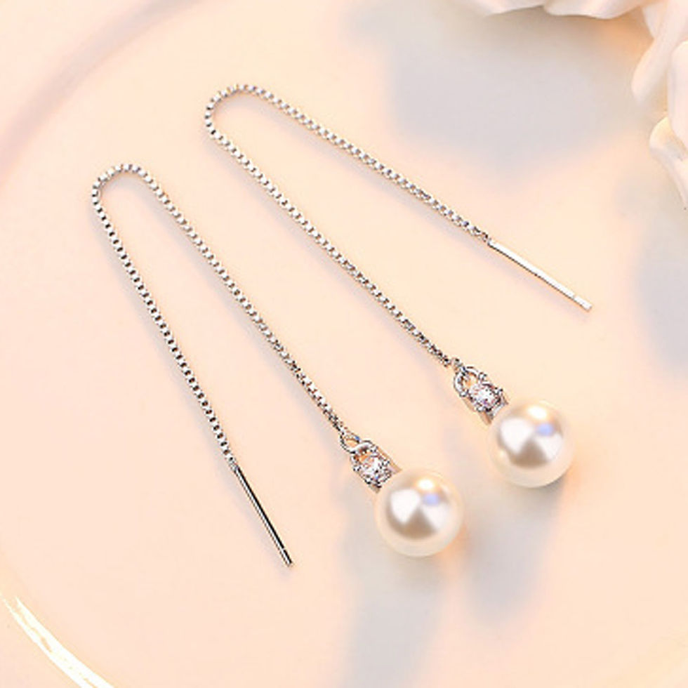 Thumbnail: Tassel Threaded Simulated Pearl Earrings
