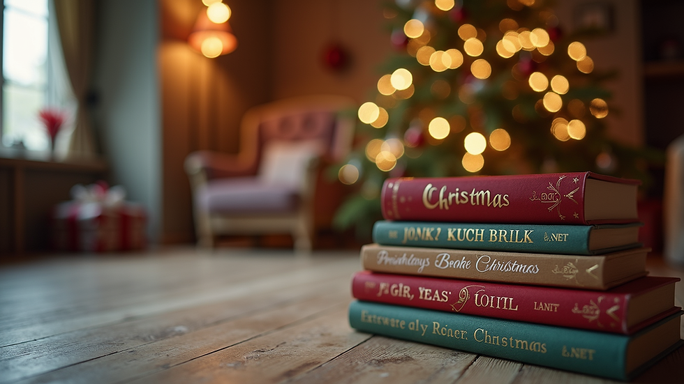 Eye-level view of a cozy reading nook with a stack of Christmas-themed books