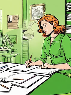 a woman editing an essay in a comic strip style color green .jpg