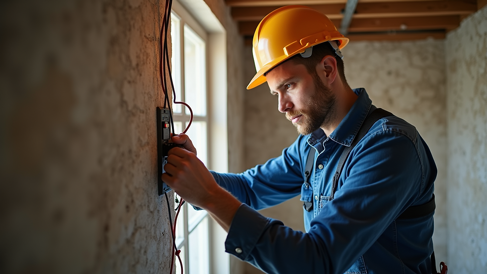 High angle view of electrician inspecting house wiring