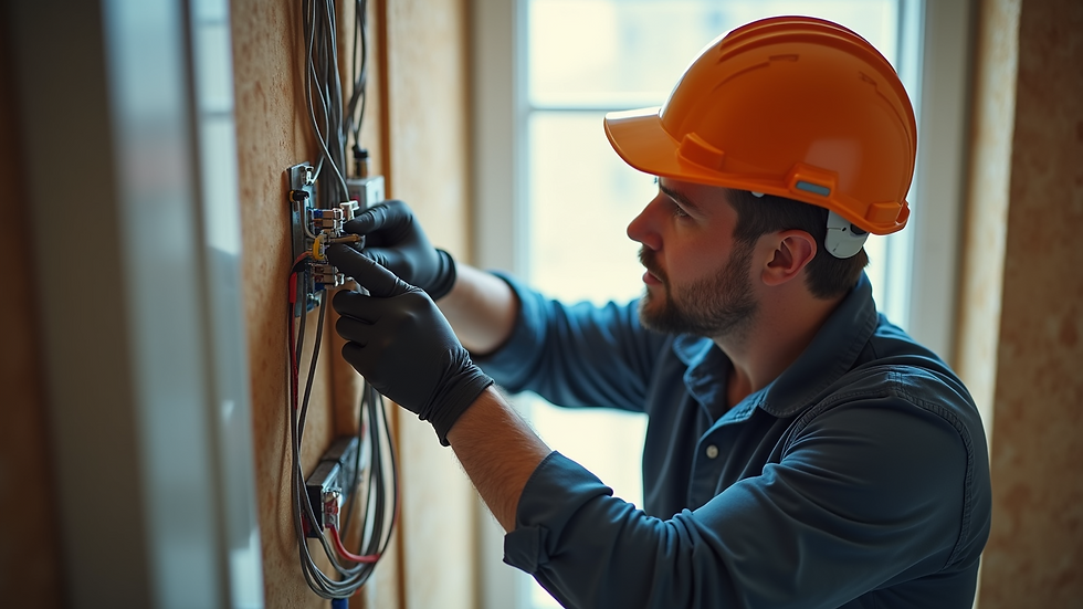 High angle view of an electrician inspecting wiring in a residential property