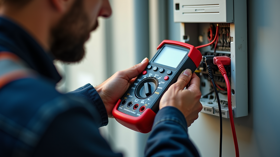 Close-up view of electrician testing electrical wiring with a multimeter