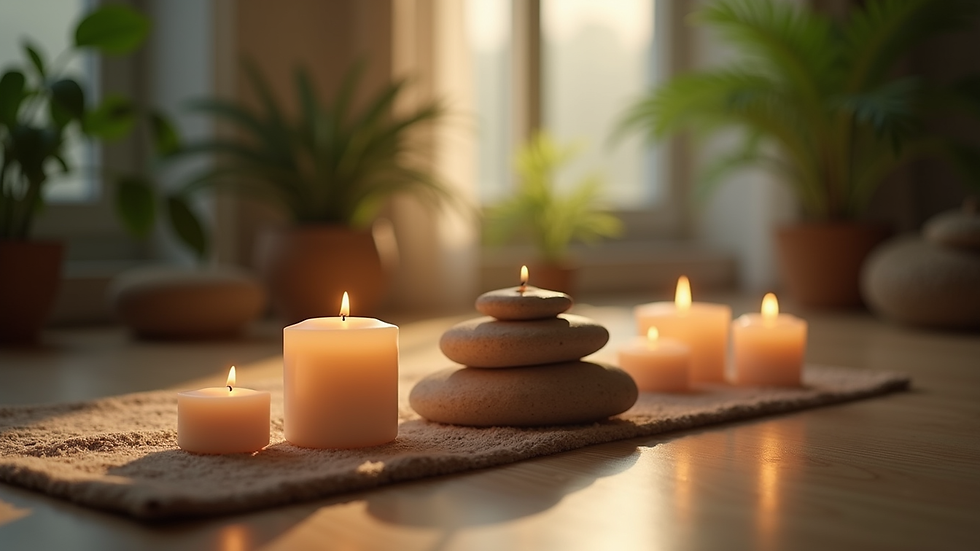 Close-up view of a serene meditation space with candles and plants