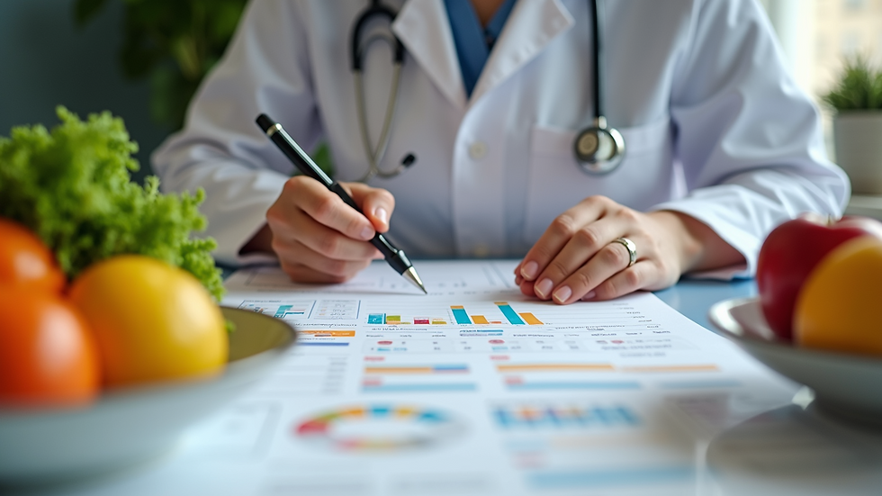 High angle view of a dietician’s desk with nutrition charts and healthy food samples