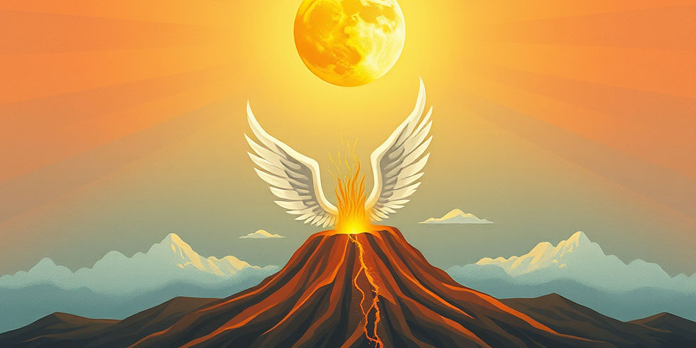 Volcan en éruption aux ailes blanches sous un soleil jaune, montagnes en arrière-plan, ambiance dramatique.
