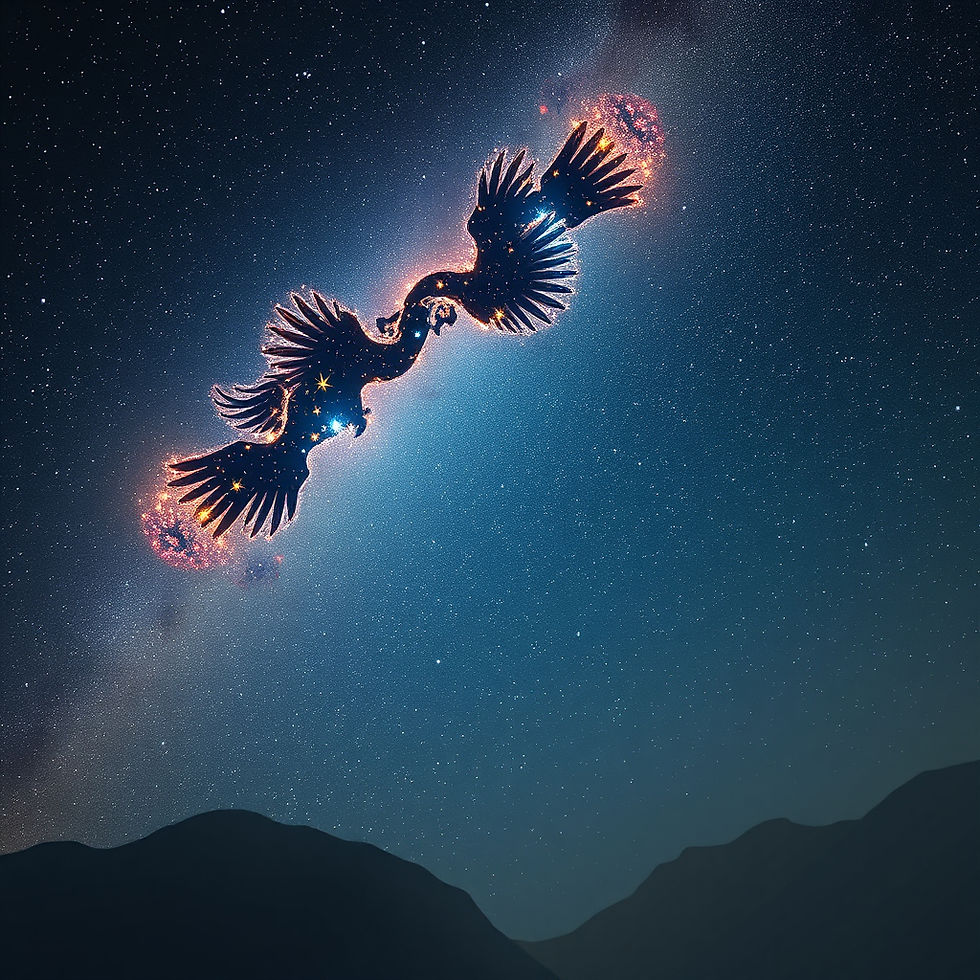 Deux oiseaux lumineux se croisent dans un ciel étoilé, au-dessus de montagnes sombres, ambiance magique.