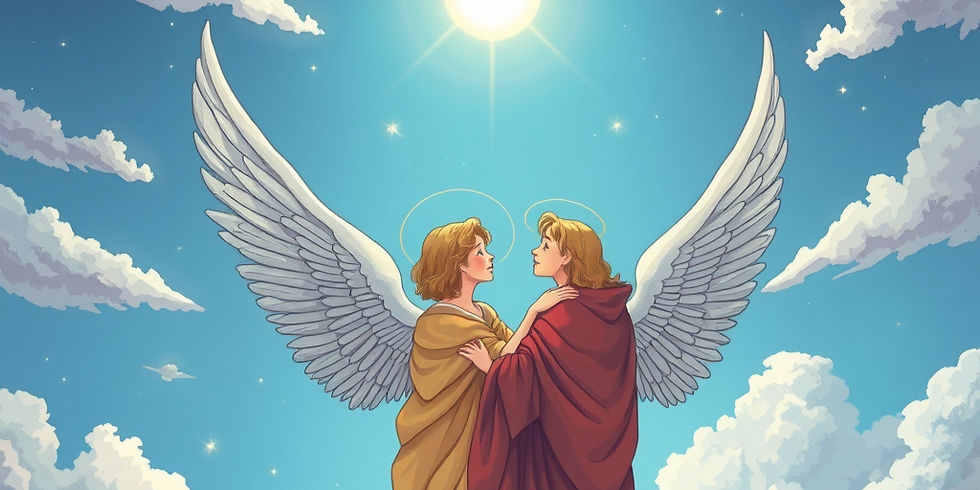 Deux anges aux ailes blanches se font face dans un ciel bleu, sous le soleil, ambiance paisible.