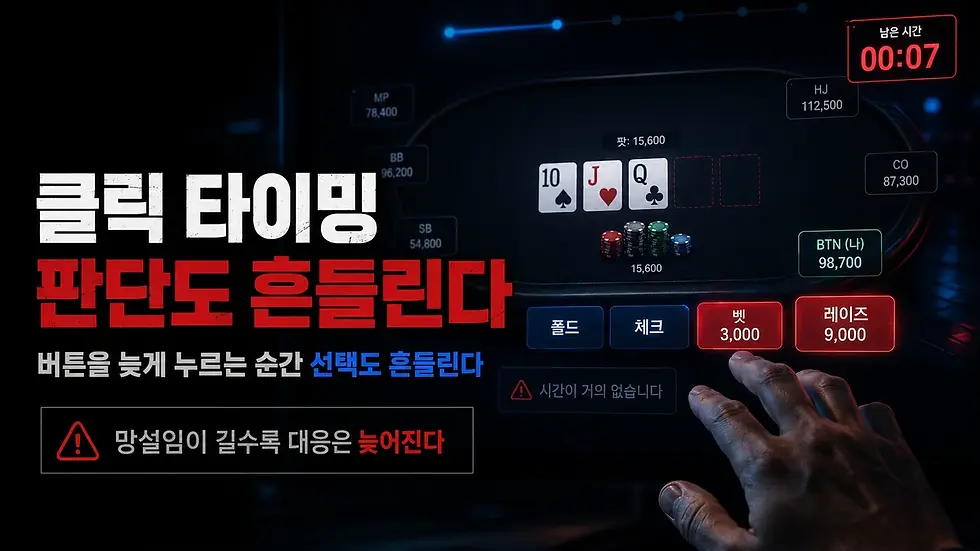 온라인홀덤에서 클릭 타이밍이 늦어지면 판단이 흔들릴 수 있다는 내용을 표현한 이미지