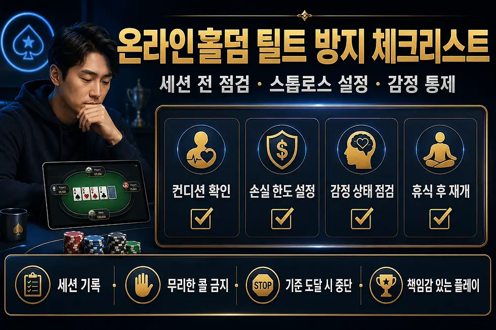 온라인홀덤 틸트 방지 체크리스트 이미지로, 세션 전 점검, 손실 한도 설정, 감정 상태 확인, 휴식 후 재개, 무리한 콜 금지와 책임감 있는 플레이 기준을 안내하는 배너