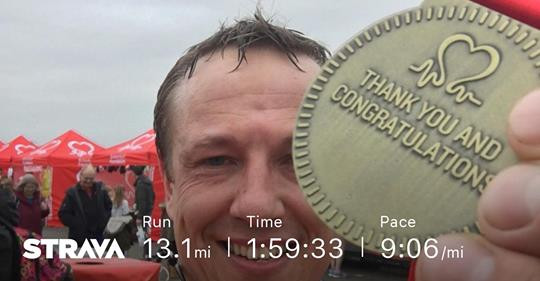 David Fawbert with finishing medal for the 2018 BHF Warwick Half Marathon