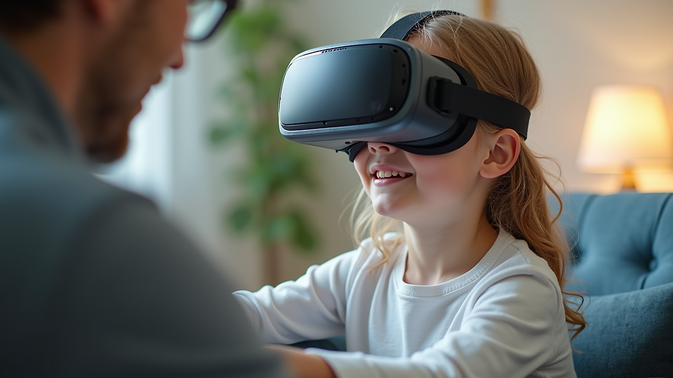 Eye-level view of a child using a virtual reality headset during physical therapy