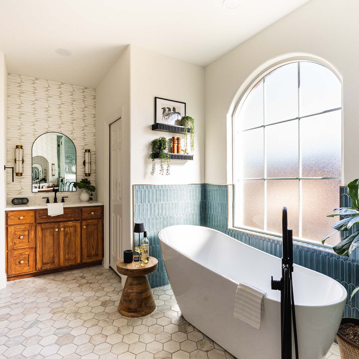 marble floor, hexagon floor, gold fixtures, freestanding tub, modern bathroom
