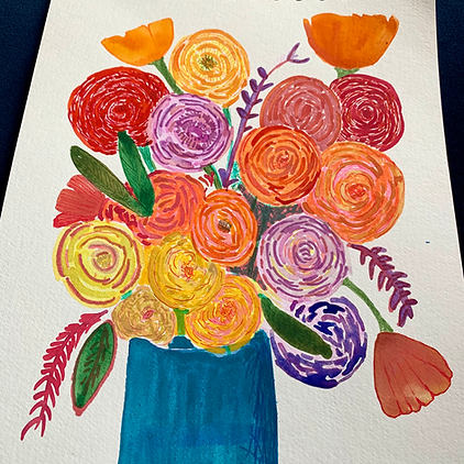 A mixed media painting of a blue vase filled with red, pink, purple, orange and yellow flowers in an abstract style
