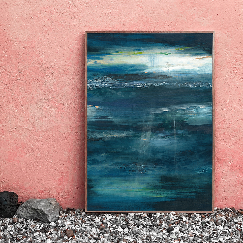 An abstract acyrlic painting of the midnight sky on canvas using dark and light blue hues with cloud