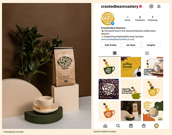 A mockup showing the cracked bean roastery brand on coffee packaging and it's sample instagram page with various iterations of the logo