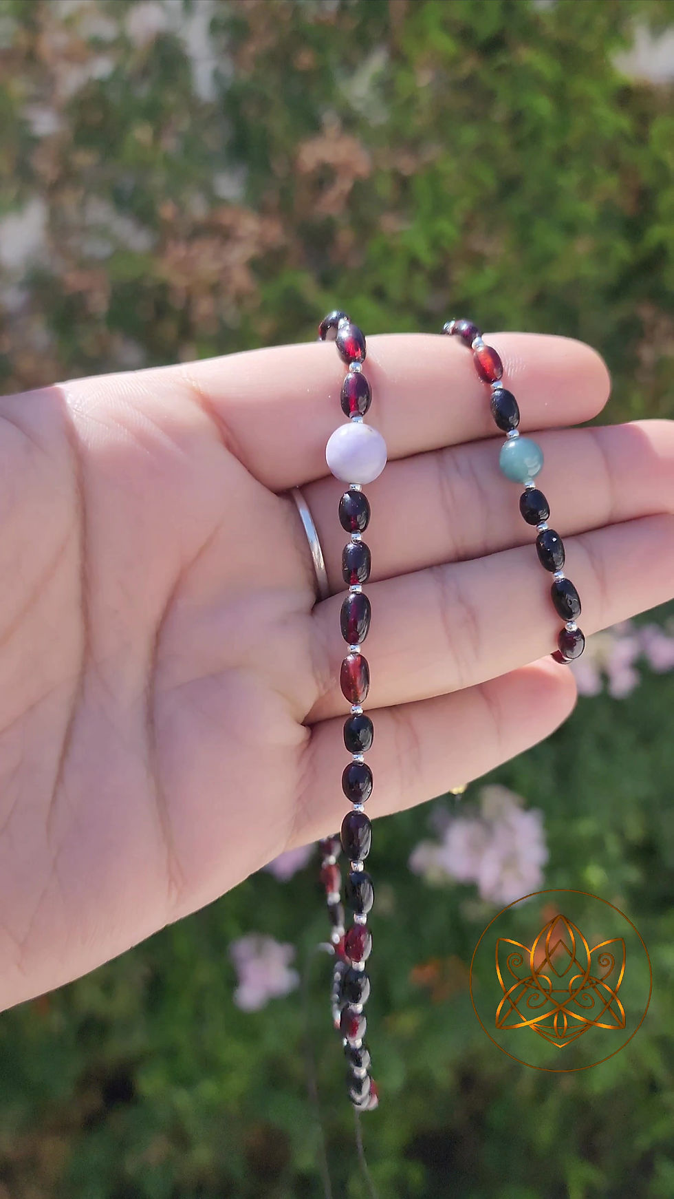 Thumbnail: Red amber and lilac jade necklace