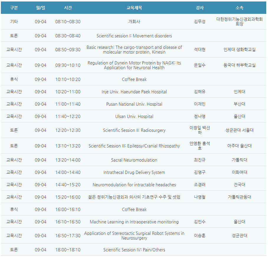 [6평점] 09/04(토) 대한정위기능신경외과학회 학술대회