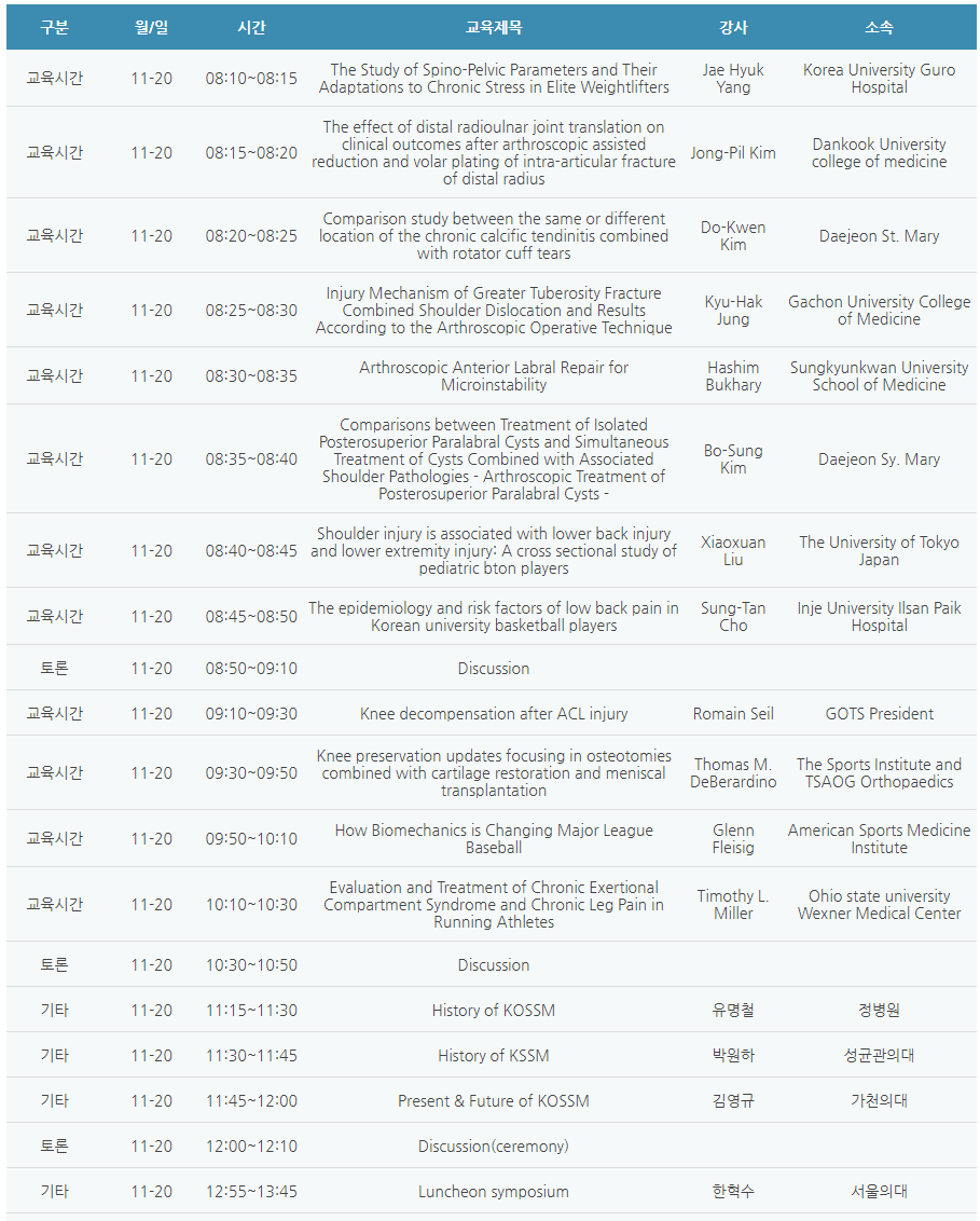 [6평점] 11/20(토) 대한정형외과 스포츠의학회 학술대회(2일차)