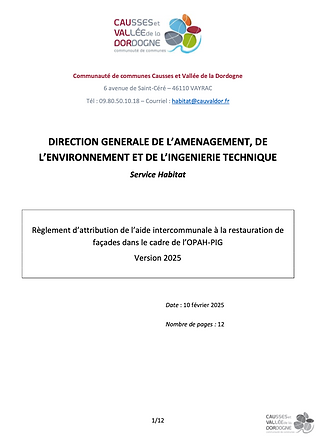 Règlement d'attribution de l'aide intercommunale à la restauration de façades - formulaire