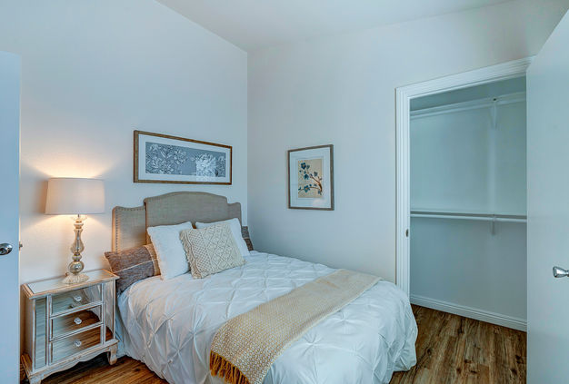Bright bedroom with queen bed, nightstand, and walk-in closet