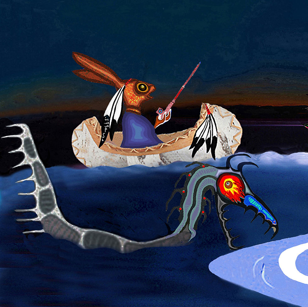 Wenabozho and the Mishibizhiw, painting by Zhaawano Giizhik