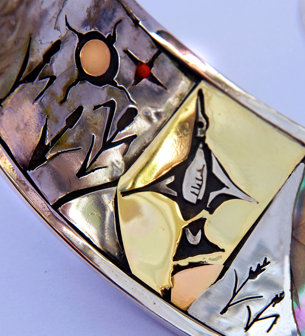 Detail of inlay in interior of the storytelling bracelet "Spirit of Manoomin"" designed and handcrafted by Zhaawano Giizhik